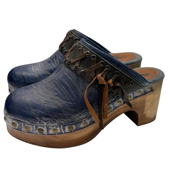 freebird Shoes - Freebird Woodstock Blue Croc Embossed Leather Wood Platform Clogs 7 Festival